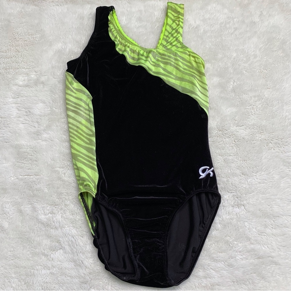 GK Elite Girl's Gymnastic Dance Leotard Black Green Neon Zebra Print Size AM